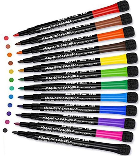 Yiran Furniture Whiteboard Marker Set mit integriertem Radiergummi, 12 Farben, Bullet Spitze, Mehrfarbig - Bild 1