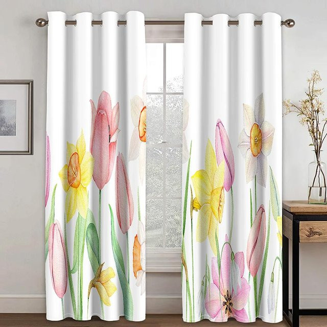 Yiran Furniture Vorhänge Lila Traum Tulpenblumen mit Ösen, semi-transparent, Farbe: Lila/Weiß, B: 55 cm, H: 185 cm, 2er-Set - Bild 1