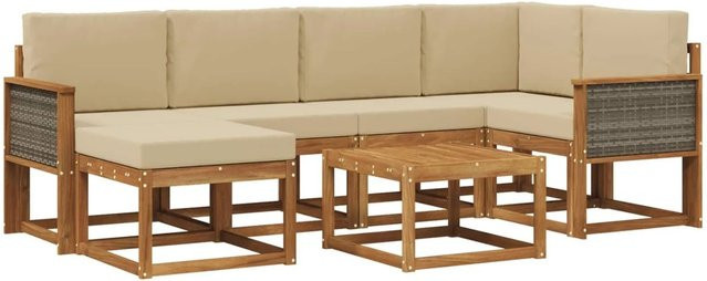 vidaXL Outdoor-Sofagarnitur aus Massivholz Akazie in L-Form mit 7 Teilen, Beige und Braun - Bild 1