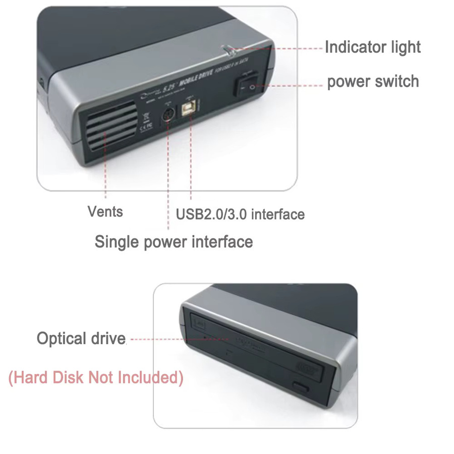 YiFanHeRong Externes optisches Laufwerksgehäuse für 5,25 Zoll Laufwerke, 3,5 Zoll SATA zu USB 2.0 Gehäuse, Schwarz - Bild 3