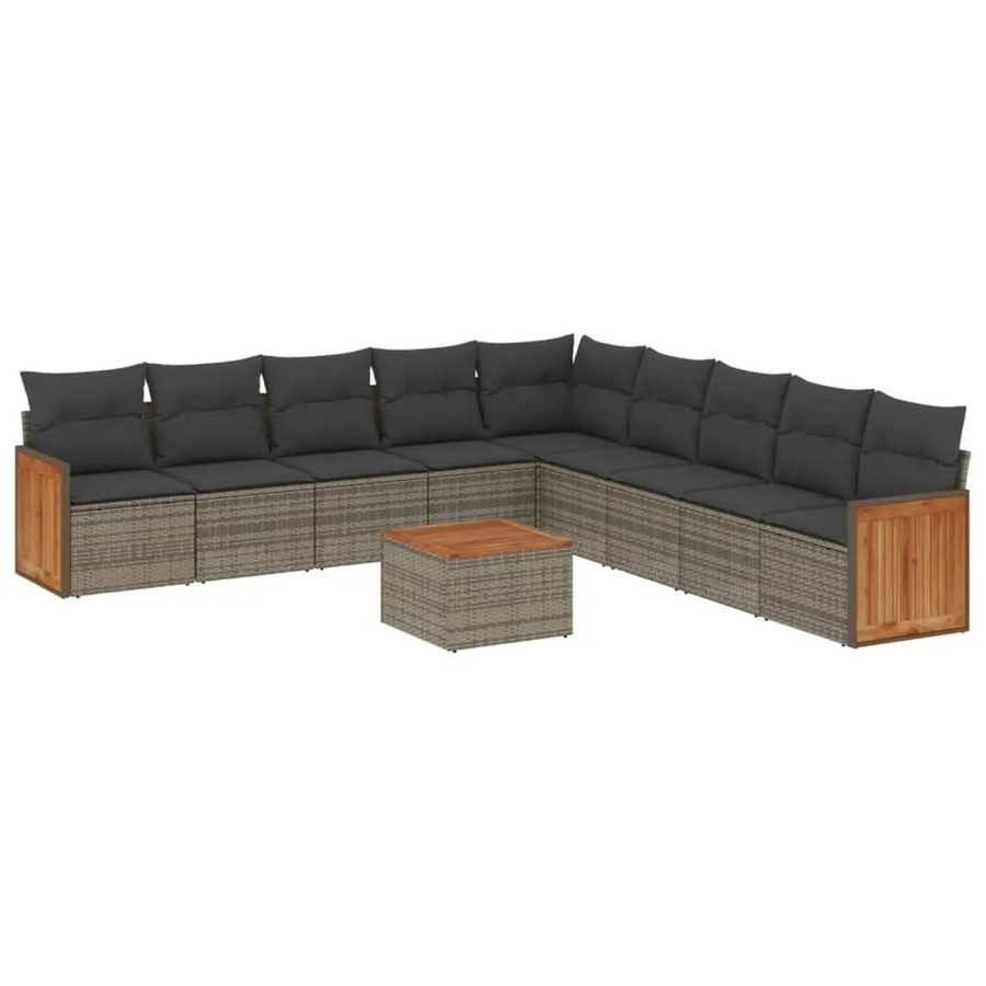 vidaXL 10-tlg Garten-Sofagarnitur aus Poly Rattan und Akazienholz in Grau mit Kissen Modell 92 - Bild 2