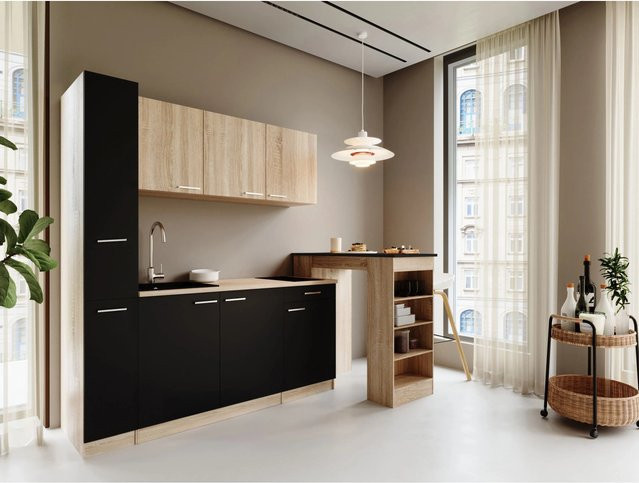 Respekta Ingrid Singleküche Schwarz mit Bartisch und Apothekenschrank, Breite: 180 cm, Tiefe: 60 cm, Höhe: 200 cm - Bild 1