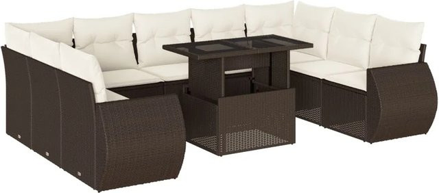 vidaXL 10-tlg. Garten-Sofagarnitur in L-Form aus braunem Poly-Rattan mit cremeweißen Kissen und pulverbeschichtetem Stahlgestell - Bild 1