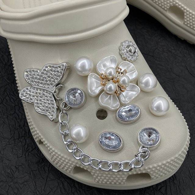 Schuh Charms Schmetterling, Perle, Diamant, ABS, Silber - Bild 1