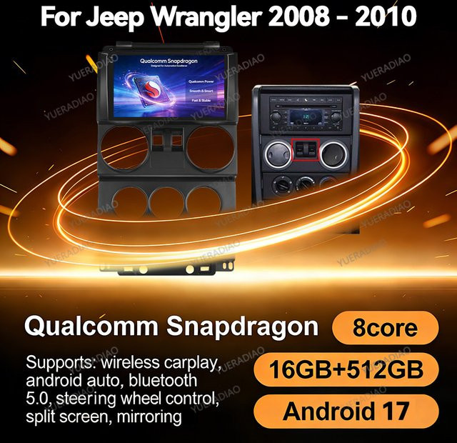 Android 17 Autoradio für Jeep Wrangler Unlimited 3 JK 2008 - 2010 mit Carplay, Multimedia Videoplayer, Mirror Link und Bluetooth in Schwarz - Bild 1