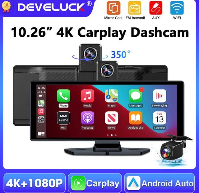 Develuck 4K Dashcam mit 10,26 Zoll Display, 360 Grad drehbarer Kamera, Carplay, Android Auto, Bluetooth 5.0 und GPS-Navigation, Schwarz - Bild 1