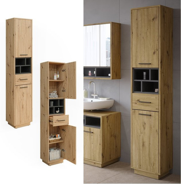 Vicco Badschrank Beatrice Hochschrank in Eiche und Anthrazit mit Türen und Schubladen, B/T/H: 38 x 30 x 190 cm - Bild 1