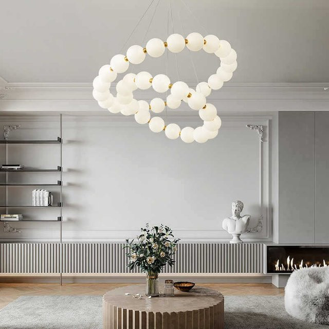 TAONUANSHU LED Kronleuchter im minimalistischen Ring-Design aus Glas und Metall in Beige und Weiß mit Gold/Messing-Akzenten für Wohnzimmer und Esszimmer - Bild 1