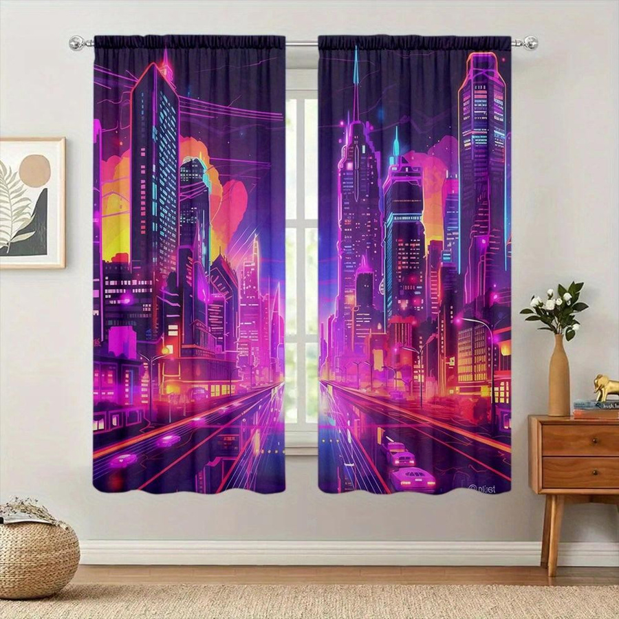 Zukunftsstadt Gemälde Vorhang aus Polyester für Wohnzimmer Küche und Schlafzimmer, Multicolor, Breite: 100 cm, Höhe: 70 cm, 2er-Set - Bild 2