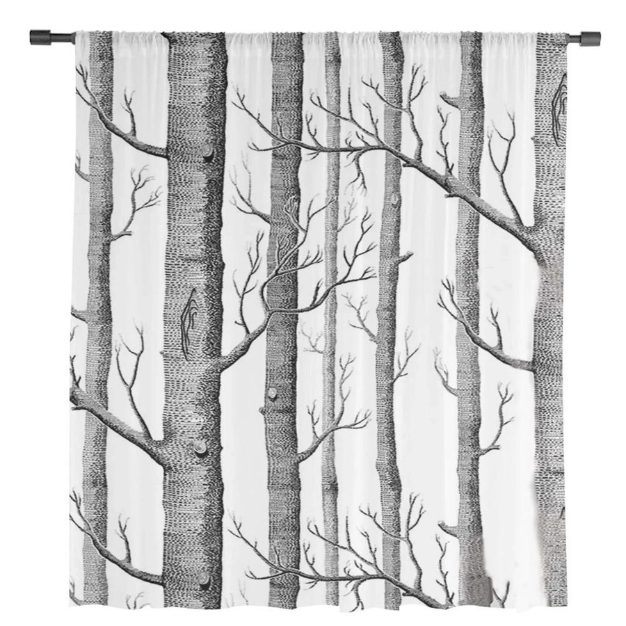 Yiran Furniture Transparentes Voile-Fensterdekoration mit Birkenzweigen in Grau und Weiß, Tüll- und Organza-Vorhang mit Ösen, Breite: 135 cm, Höhe: 115 cm - Bild 2