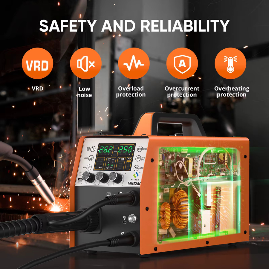 HITBOX MIG250 6-in-1 MIG-Schweißgerät in Orange: Synergic Single Pulse MIG/MMA/Lift TIG/Spot Schweißmaschine für Gas und Gaslos sowie Aluminium, 220V - Bild 3