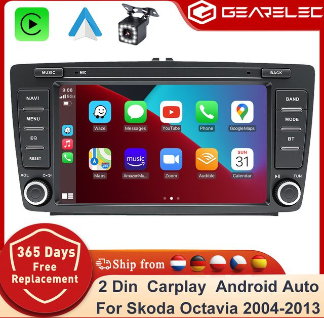 GEARELEC Android 14 Autoradio für Skoda Octavia 2004-2013 mit Carplay, Android Auto, GPS, Bluetooth und WIFI in Schwarz - Bild 1