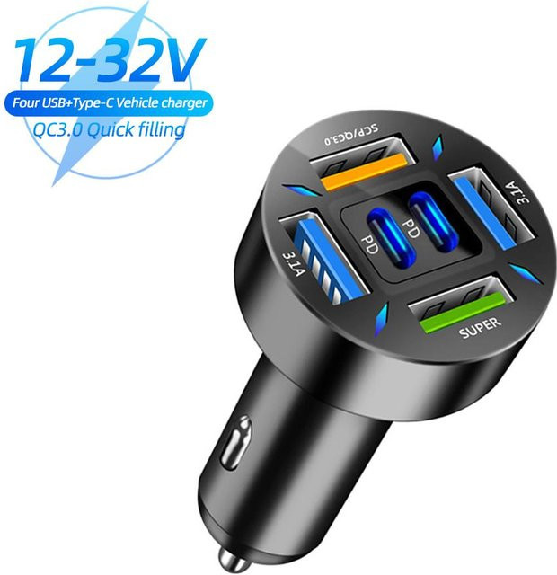 YJMP 6-Port USB-Autoladegerät mit 4 USB-A und 2 PD USB-C Anschlüssen, Schnellladegerät QC3.0 mit Spannungsanzeige, Schwarz - Bild 1
