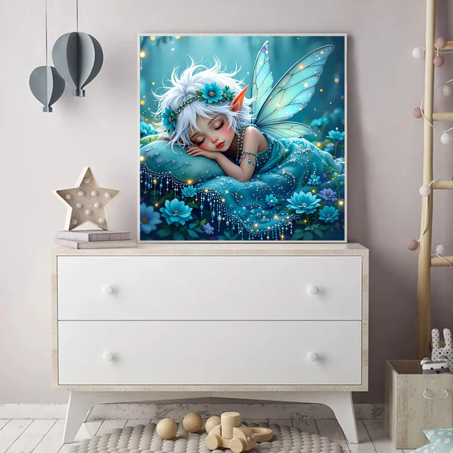 Momoart Diamantmalerei Mädchenporträt mit Flügeln und Meeresansicht als DIY Strass Mosaik Set mit Rundsteinen, Breite: 20 cm, Höhe: 20 cm - Bild 3