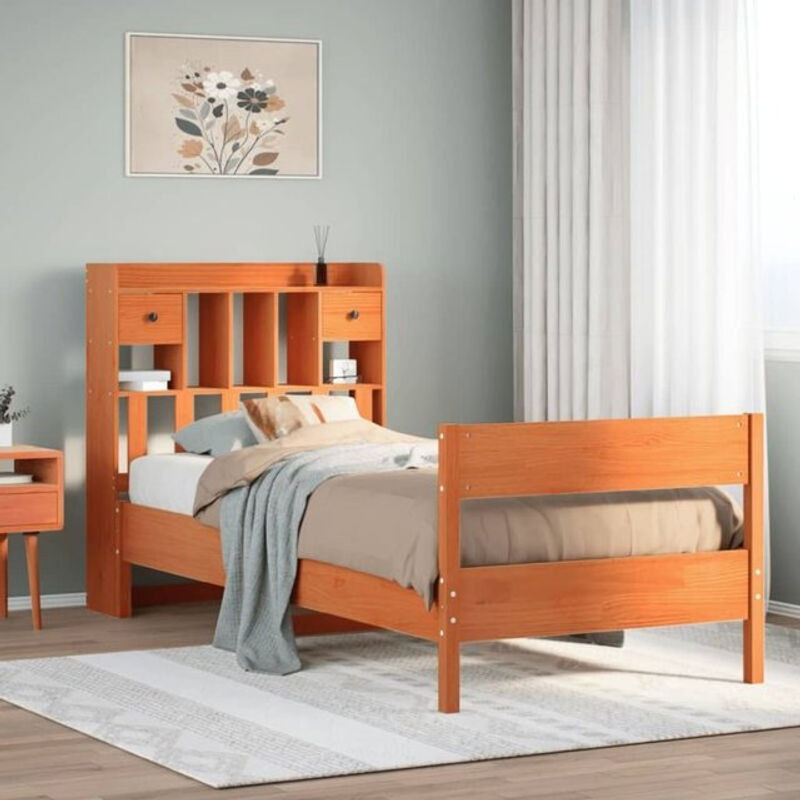 Massivholzbett aus Kiefer mit Regal von Vidaxl in Wachsbraun, B/T/H: 75 x 190 x 110 cm - Bild 1