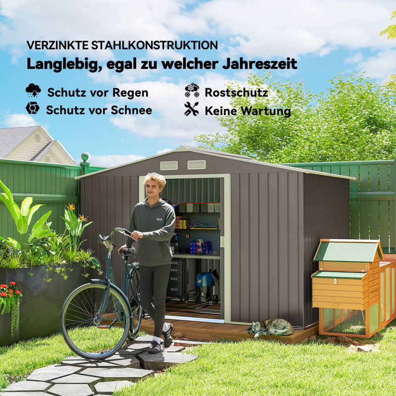 Outsunny Metall Gerätehaus Gartenhaus mit Fundament, wetterfest, Grau, B/T/H: 277 x 195 x 192 cm - Bild 6