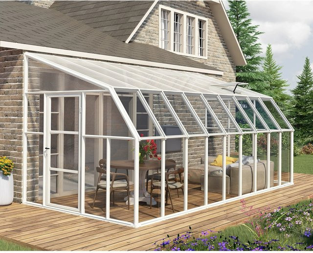 Palram Canopia Gewächshaus Weiß mit Fundamentrahmen und Regenrinnen aus Polycarbonat mit Satteldach und 14,6 m² Fläche - Bild 1