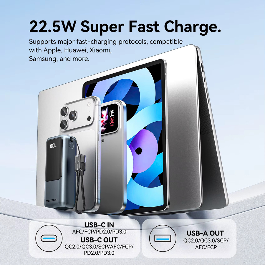 Vention Mini Powerbank 10000mAh mit integriertem USB-C-Kabel 22,5W PD 3.0 Schnellladung, Grau - Bild 3
