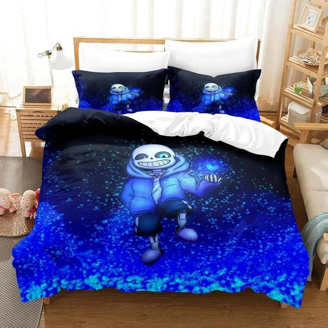Jinmeige Undertale Sans Bettwäsche-Set mit 3D-Cartoon-Motiv in Blau, bestehend aus Bettdecke und Kissenbezug, Größe: 135 x 200 cm - Bild 1