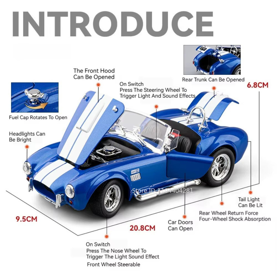 MAKEDA Shelby Cobra Phantom Miniatur Spielzeug Auto, 1:24, Metall, mit Licht und Sound - Bild 2