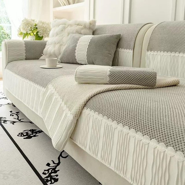 Spleißen Rutschfester Sofabezug mit Karomuster in Weiß und Beige, Cord-Optik Überwurf aus Mikrofaser, B/T/H: 70 x 70 x 0 cm - Bild 1