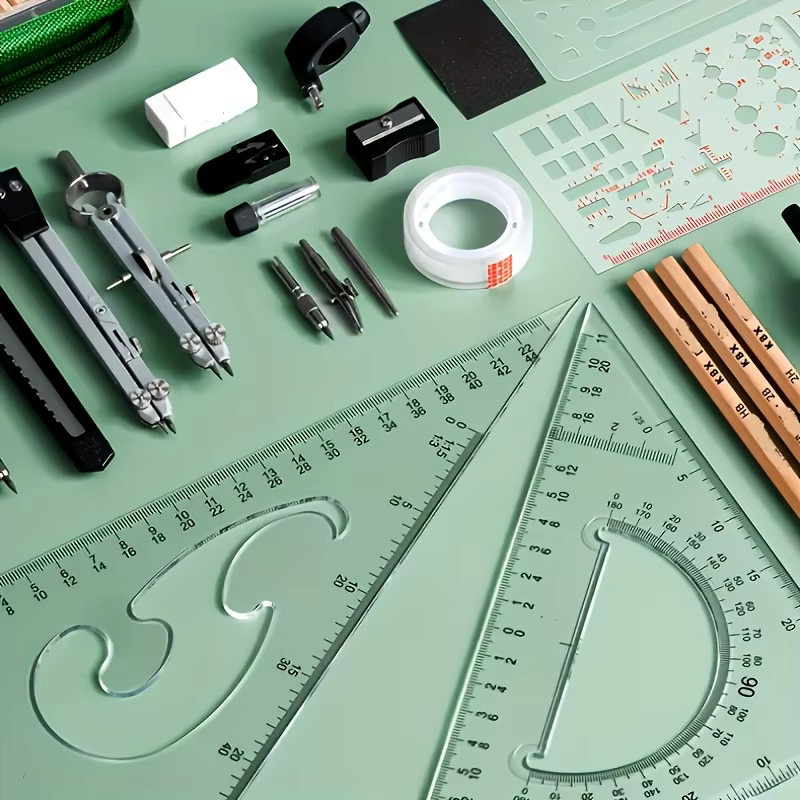 Premium-Präzisionstechnik-Entwurfs- und CAD-Design-Set in Multicolour aus Kunststoff mit Kompass, Winkelmesser, Linealstange und Kratzer - Bild 2