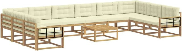 vidaXL Outdoor-Sofagarnitur in U-Form aus massivem Akazienholz mit 11 Kissen in Weiß und Beige - Bild 1