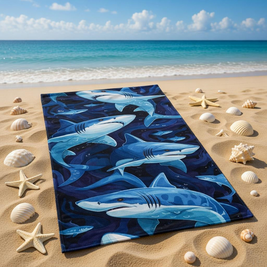 Cartoon-Hai Strandtuch für Kinder, schnelltrocknend und winddicht, Farben: Weiß und Blau, B: 30 cm, H: 60 cm - Bild 3