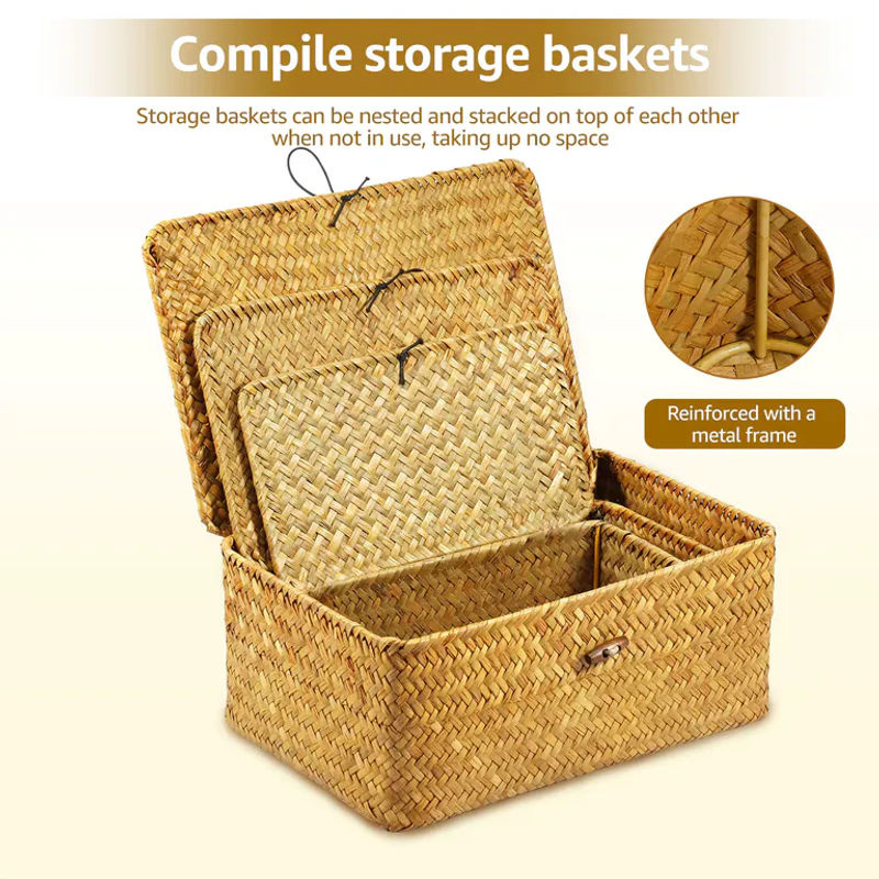 3-teiliges Set handgewebte Aufbewahrungskörbe aus Rattan in Beige im Vintage-Design mit Deckel und rechteckiger Form - Bild 5