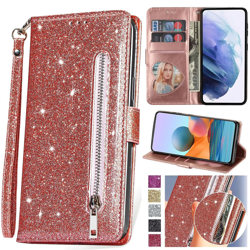 Glitzer Lederhülle mit Reißverschluss als Flip-Brieftasche für Samsung Galaxy S26 S25 S24 S23 S22 S21 S20 S10 Plus Note 20 5G in Silber - Bild 6