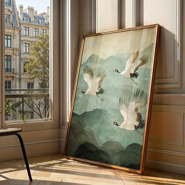 CPWAD Leinwand Poster Abstrakte Berglandschaft mit fliegenden Kranichen in Weiß und Multicolour im Retro Japanischen Stil - Bild 1