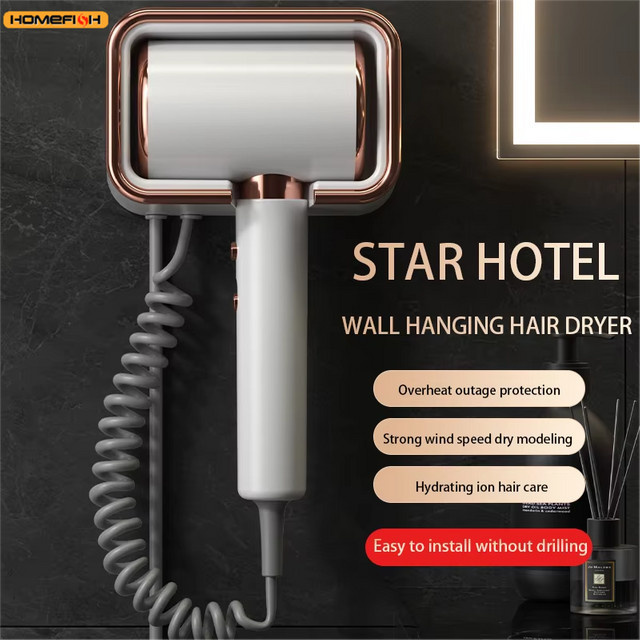 HOMEFISH Wandmontierter Haartrockner für das Badezimmer, elektrischer Föhn ohne Bohren, Grau, Weiß, Lila, B/T/H: 30,5 x 11,0 cm - Bild 1