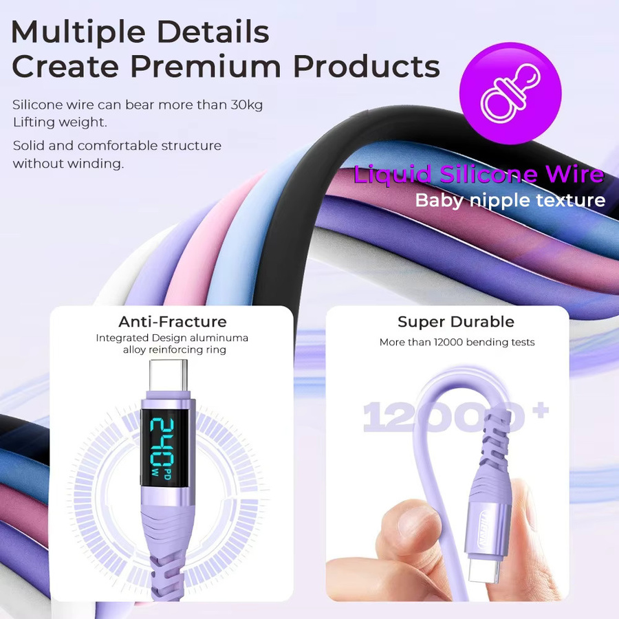 NNBILI USB-C zu USB-C Flüssigsilikon-Schnellladekabel mit Digitalanzeige, 240W PD 3.1, Pink/Multicolor - Bild 4