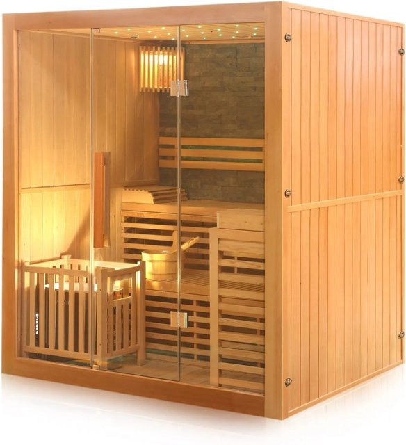 Dewello Finnische Traditionelle Sauna Sarnia Plus aus Hemlockholz in Braun mit 6 kW Harvia Ofen, Aufguss-Set, Sanduhr und Thermometer, B/T: 180 x 140 cm - Bild 1