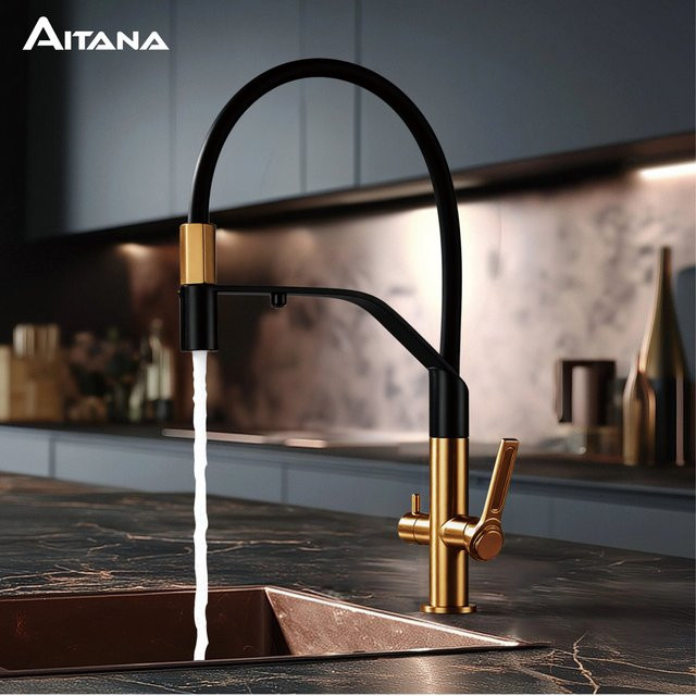 Aitana 3-in-1 Küchenarmatur aus gebürstetem Edelstahl 304 in Gold mit Ausziehbrause für Warm- und Kaltwasser - Bild 1