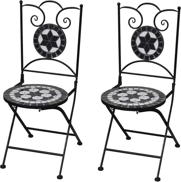 Furnicato Bistrostühle Set aus 2 Stück, klappbar, Keramik-Sitzfläche im Mosaik-Design und Eisen-Rahmen, Schwarz und Weiß - Bild 1