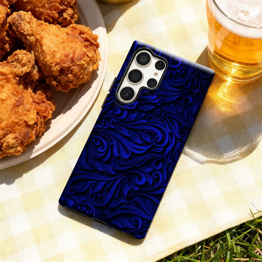 Samsung Handyhülle mit tiefblauem floralem Wirbel-Design und glänzender doppellagiger Rückseite für Galaxy S25 Ultra, S24 und S23 Ultra Plus - Bild 4