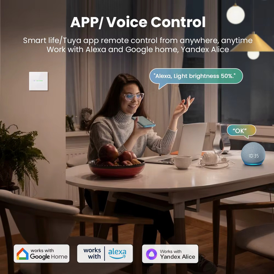 AVATTO WLAN Smart Dimmer-Schalter in Weiß mit Touch-Panel, 1/2-fach EU Dimmer-Lichtschalter mit prozentualer Einstellung, kompatibel mit Tuya, Amazon Alexa und Google Home - Bild 3