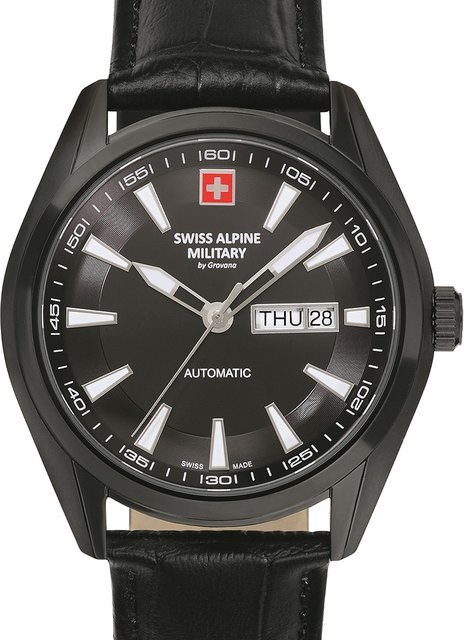 Swiss Alpine Military Automatik Herrenuhr, Edelstahl, 43 mm, Leder, Schwarz - Bild 1