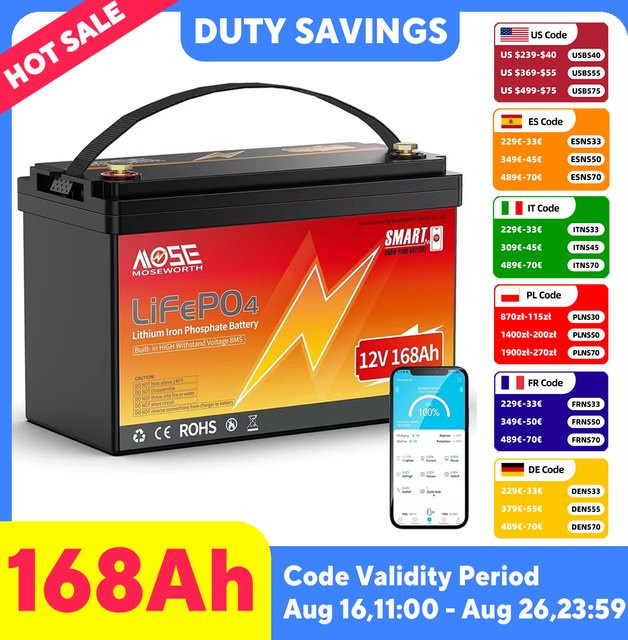 MOSEWORTH LiFePO4 Lithium-Akku 12V 168Ah mit Bluetooth BMS in Schwarz - Bild 1