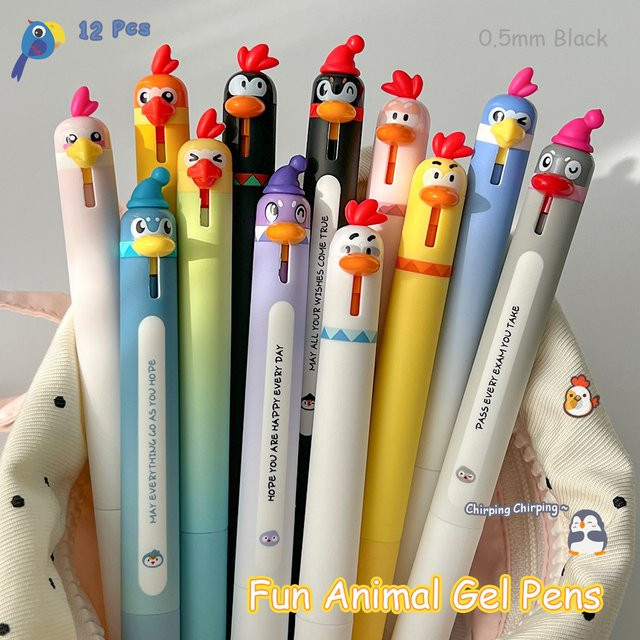 12-teiliges Gelstift-Set mit Tier-Motiven wie Pinguin, Huhn und Papagei, 0,5 mm Stiftstärke, schnell trocknende schwarze Tinte, Multicolor - Bild 1