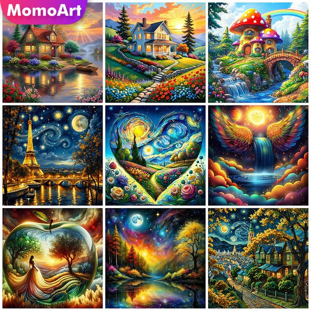 Momoart Diamant-Mosaik Hauslandschaft mit Turm und Baummuster, Strass-Gemälde für Erwachsene und Anfänger, Multicolour - Bild 1