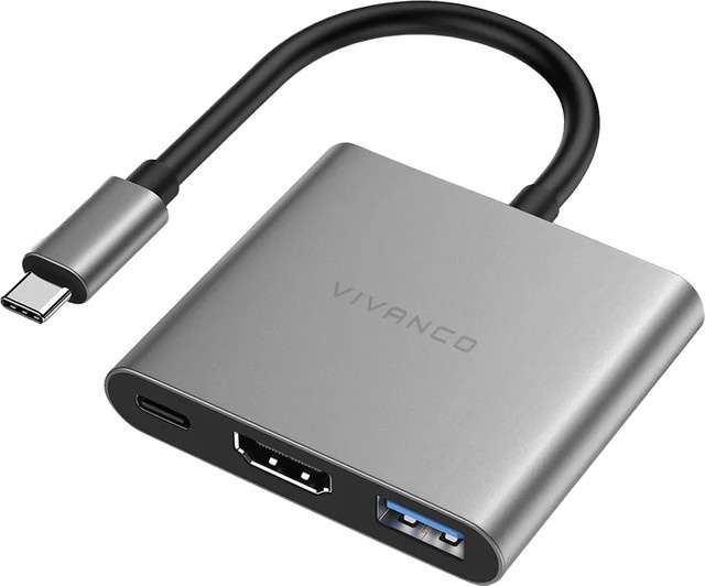 Vivanco 3in1 USB-C Aluminium Multiport Hub mit HDMI, USB-A und Thunderbolt in Anthrazit und Silber - Bild 1