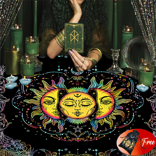 Tarot Tischdecke mit Sonnenmotiv für Altar und Brettspiele, Samt-Optik, Weiß, B/B: 73,66 x 73,66 cm - Bild 1