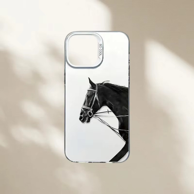 Galvanisierte TPU-Handyhülle mit Kriegspferd-Muster für Apple iPhone (Modelle: 17 Pro Max, 16, 15, 14, 13, 12, 11, Xs, Xr, X, 7, 8, Mini, Plus, Pro Max, SE) in Schwarz - Bild 2