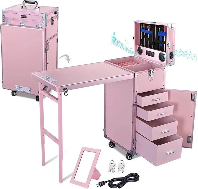 FULANG Rollbarer Manikürtisch als faltbarer Nageltisch und Make-up-Koffer mit 4 Schubladen, Spiegel und Lautsprecher in Schwarz oder Pink - Bild 1