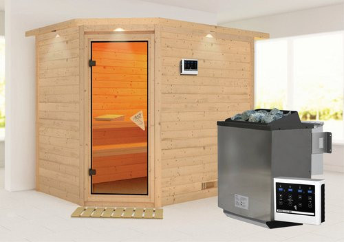 Karibu Sauna Kärdla Bio-Kombi-Sauna für 4 Personen mit 9 kW Bio-Kombi-Saunaofen und externer Steuerung, beige, B/T/H: 264 x 198 x 212 cm - Bild 1