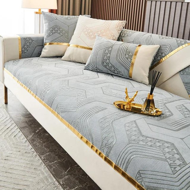 Super Six Chenille Sofa Kissen mit Jacquard-Muster und Goldlinien, rutschfest, Weiß mit Goldrand, Breite: 70 cm, Höhe: 70 cm - Bild 1