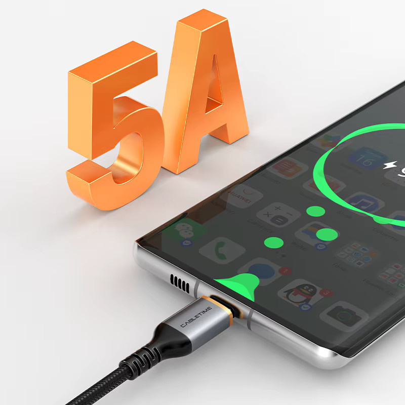 CABLETIME USB-C-Ladekabel mit 5A Schnellladefunktion und Datensynchronisierung, QC3.0, Nylon-Design, Schwarz - Bild 2