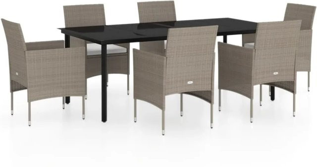 vidaXL 7-teilige Garten-Essgruppe aus PE-Rattan und pulverbeschichtetem Stahl mit Glasplatte und Kissen in Beige und Schwarz - Bild 1